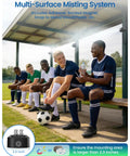 Portable Magnetic Misting System With 6000mAh Rechargeable Pump And 2 Nozzles For Outdoor Patio with athletes and soccer ball.