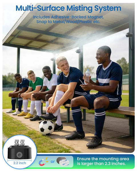 Portable Magnetic Misting System With 6000mAh Rechargeable Pump And 2 Nozzles For Outdoor Patio with athletes and soccer ball.