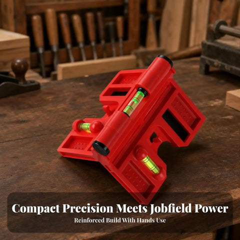 Multi-angle level tool with Steel-Gripping, Red design, featuring horizontal and vertical bubble vials for precision use.