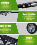 Diagram showing features of 40 Inch Tow Behind Dethatcher With 20 Rust Proof Heat Treated Tines including durable handle, flexible tines, and wheels.