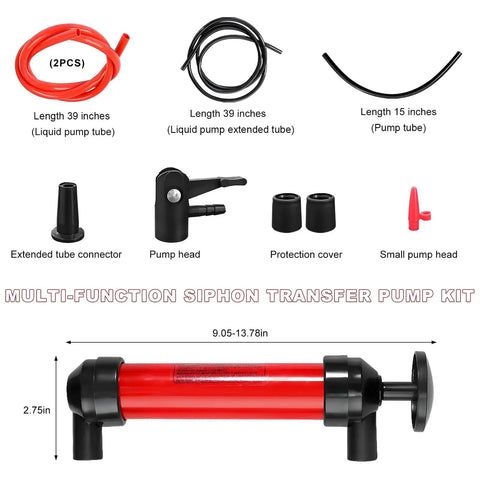 Grab-And-Go 3-In-1 Siphon Fluid Transfer Pump For Gas, Oil And Liquids, Portable Hand Pump Kit components displayed