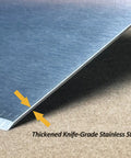 Close-up of Heavy Duty Bench Scraper For Flat Top Griddle edge, showing thickened stainless steel and precision beveled edge.