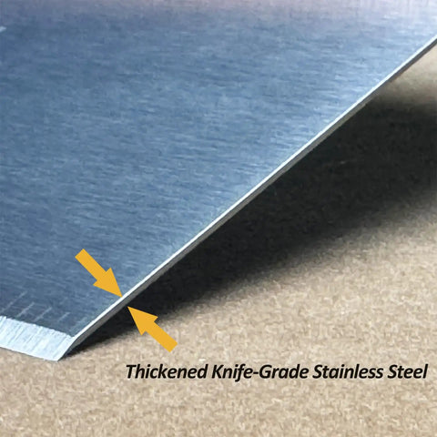 Close-up of Heavy Duty Bench Scraper For Flat Top Griddle edge, showing thickened stainless steel and precision beveled edge.