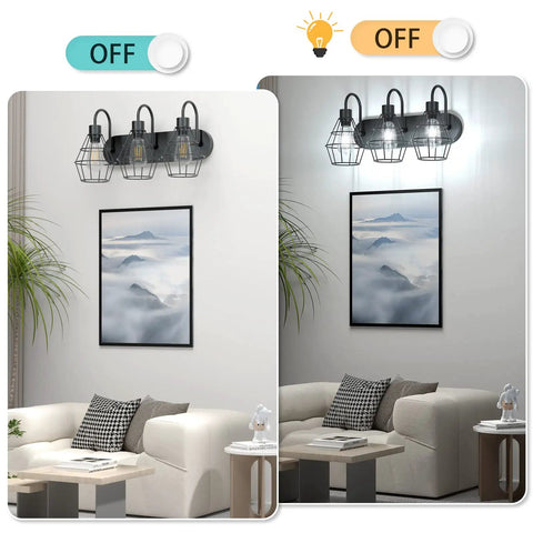 Retro Style Industrial 3-Light Vanity Light In Matte Black With Cage Design, Dope Vintage Farmhouse Wall Sconce for Bathroom Off and On