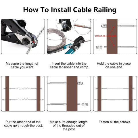 Installation steps for 20 Pack 6-Inch Long One Eighth Inch Swage Threaded Stud Tension End Fittings For Deck Cable Railing, T316 Stainless Steel Tensioner For 4x4 And 2x2 Wood Or Metal Posts, Indoor Outdoor, Ready To Install