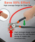 Heavy Duty 10 Inch Cable Cutters Featuring High Leverage Grip For Snipping 4/0 Aluminum And 2/0 Soft Copper Plus 100 Pair Com Cables in use cutting wire.
