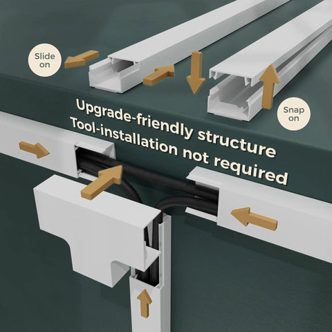 Cord Hider Kit With 113 Inch Cable Covers For Wires On The Wall, showing snap and slide-on installation over cables, white 0.95x0.55 inch