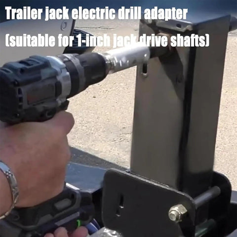 Heavy Duty Stainless Steel Trailer Jack Drill Adapter Fits 1 Inch Jack Shaft With 1/2 Inch Socket Quick Swap Design in use with electric drill.