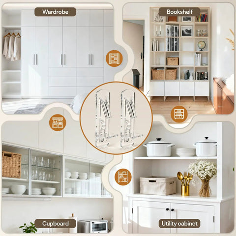 Twenty Piece Clear Cabinet Shelf Pegs With Secure Locking Clips For Three Quarter Inch Thick Shelves No Sweat Installation in various storage units.