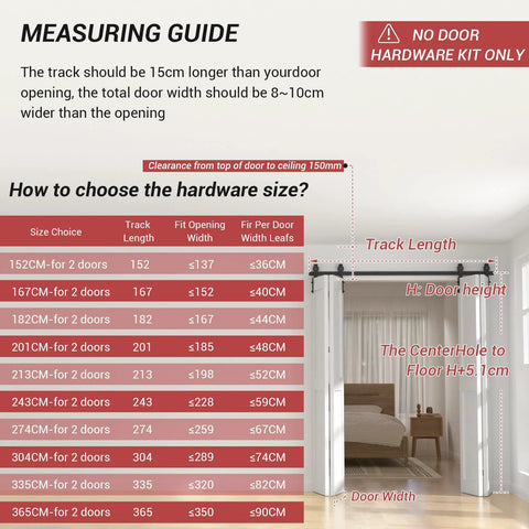 Bi Folding Barn Door Hardware Kit 5ft 60 Inch Sliding Track For Four Doors Heavy Duty Carbon Steel Frosted Black Finish Rust Resistant Hardware Only No Wood Door Included With Mounting Hardware; measurement guide showing track length and door dimensions.