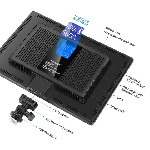 Back of LED panel with LCD screen and controls from Two Pack 13 Inch LED Video Light Panel Kit Bi Color Dimmable With Tripod Stands 4000mAh Battery