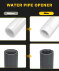 Water pipe opener before and after images showing threading on white and black pipes for plumbing projects.