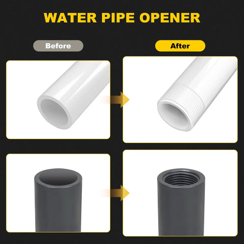 Water pipe opener before and after images showing threading on white and black pipes for plumbing projects.