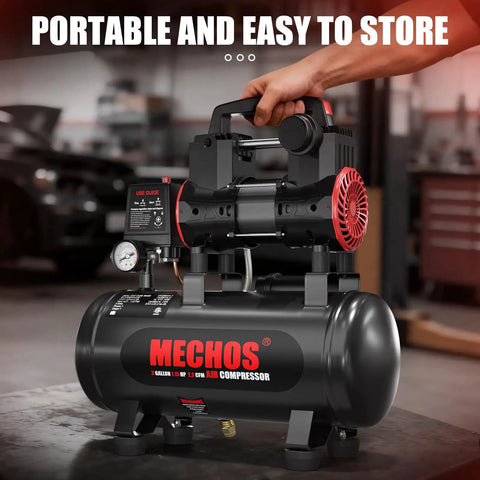 Portable 3 Gallon Oil Free Air Compressor With Steel Tank, 1.15 HP Max 116 PSI, 2.2 CFM For Tire Inflation Nail Gun Garage Home Use 110V Power Plug Durable And Easy To Store Lightweight Design