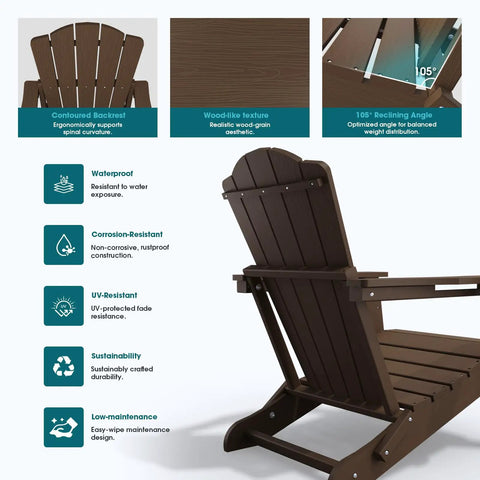 Set Of 2 Folding Adirondack Chairs With Cup Holder HDPE Wood Grain Finish All Weather Outdoor Patio Chairs For Deck Backyard Garden Lawn Brown Built To Last shown with ergonomic features and materials in a design layout.
