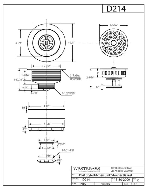 Technical drawing of Big Post Style Brass Kitchen Sink Basket Strainer with White Powder Coat Finish, 3-1/2 in opening, viewed from multiple angles