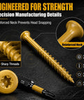 85 Piece Tan Torx T25 Wood Screw Set With 4 Inch Length Size 10 Self Tapping Heavy Duty Screws Including 50mm Bit And Clear Plastic Storage Case For Softwood Hardwood Plywood And Composite Lumber Projects showing reinforced neck and sharp threads.