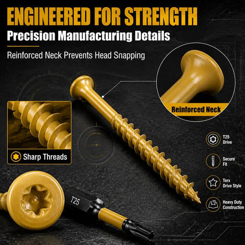 85 Piece Tan Torx T25 Wood Screw Set With 4 Inch Length Size 10 Self Tapping Heavy Duty Screws Including 50mm Bit And Clear Plastic Storage Case For Softwood Hardwood Plywood And Composite Lumber Projects showing reinforced neck and sharp threads.