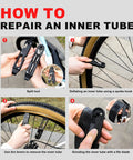 Step-by-step guide using All In One Bike Repair Kit with 14 in 1 tools for tire repairs on MTB and road bikes with portable multitool.