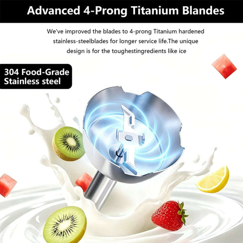 Powerhouse 800W 5 In 1 Handheld Immersion Blender With 12 Speeds shows 4-prong stainless steel blade design surrounded by fruits.