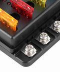 Close-up of 8 Way Waterproof Fuse Block With LED Indicators for Car Boat and Marine Use, showing sealed screw nut terminals.