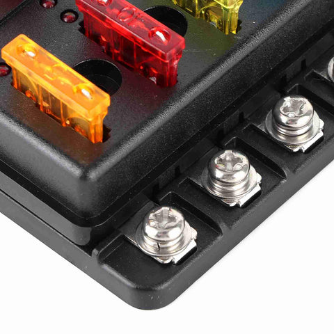 Close-up of 8 Way Waterproof Fuse Block With LED Indicators for Car Boat and Marine Use, showing sealed screw nut terminals.