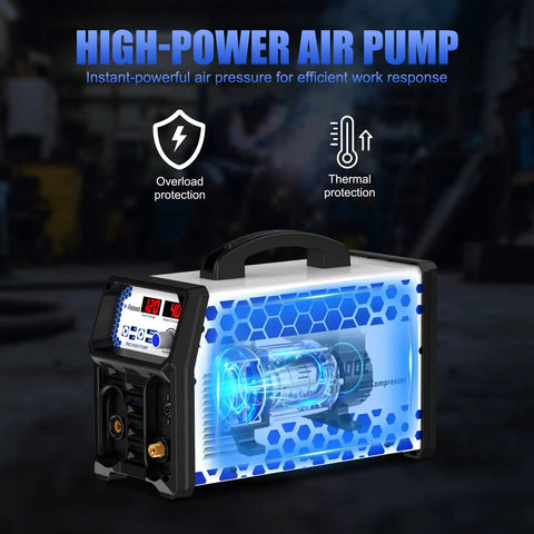 High-power air pump with overload and thermal protection features in a hexagonal design casing, digital display on the front.