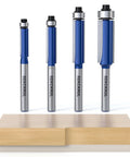 4pc Flush Trim Router Bit Set with 1/4 Inch Shank and Bottom Bearing, shown with different sizes for woodworking on MDF.