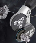 Close-up of sheet metal shear drill attachment for fast flat metal cutting up to 20 to 30 gauge, compatible with most cordless drills.