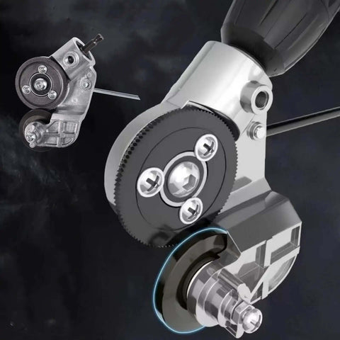 Close-up of sheet metal shear drill attachment for fast flat metal cutting up to 20 to 30 gauge, compatible with most cordless drills.