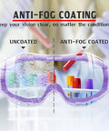 Over Glasses Safety Goggles With Anti Fog Lenses ANSI Z87.1 showing coated vs uncoated lens comparison.
