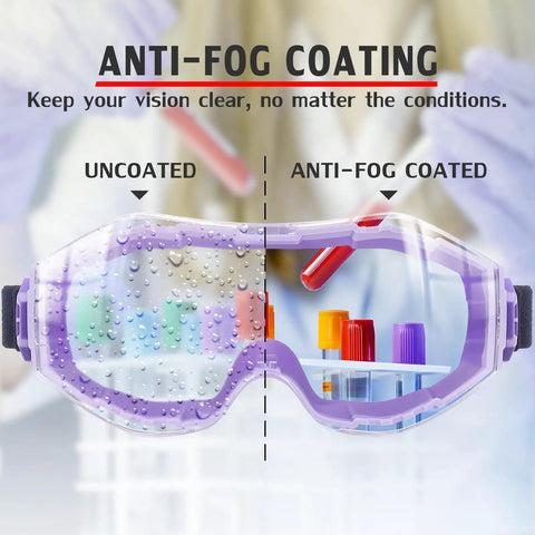 Over Glasses Safety Goggles With Anti Fog Lenses ANSI Z87.1 showing coated vs uncoated lens comparison.
