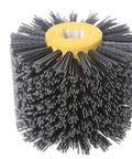 Close-up of a Heavy Duty Pro Grade Abrasive Wire Drawing Wheel Drum Burnishing Polishing Brush For Woodworking Furniture And Floor Refinishing 120x100mm 180 Grit 1 Pack Ideal For DIY Pros, showcasing wire bristles and yellow center.