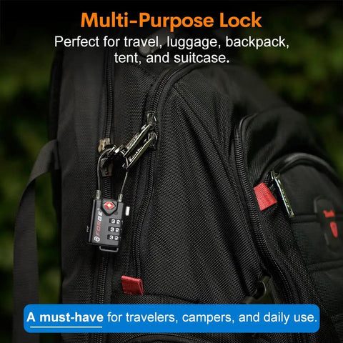 Durable Luggage Locks With Resettable Combination And Alloy Body for TSA Recognition shown securing a black backpack
