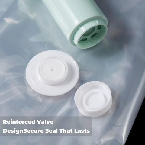 Close-up of valve and seal on Extra Large 24x32 Inch Sous Vide Turkey Bags, 3 Pack Vacuum Seal Bags For Brining, Marinating