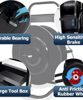 Beast Heavy Duty Strapping Cart With Built In Tray And Dispenser featuring tools, brake, and durable rubber wheel, gray.