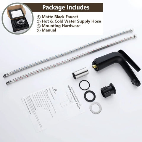 Package contents of matte black bathroom sink faucet with single handle, deck mount 1 hole, ceramic disc valve, aerated stream.