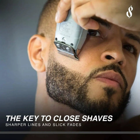 Man using On The Money 10 Second Zero Gap Blade Setter For Razors And Clippers Precision Blade Alignment Tool For Clean Fade Sharp Line Close Shave Pro Grade Barber Tools For Home And Professional Use on beard.