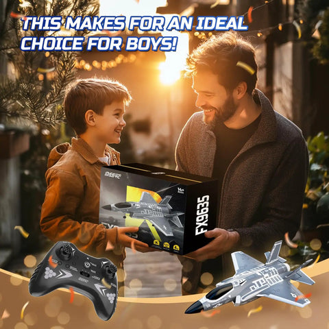 Father giving son a boxed F35 4 Channel Brushless RC Plane With 7400KV Motor EDF Ducted Fan 2 4GHz RTF Ready To Fly Gyro Stabilized EPP Aircraft