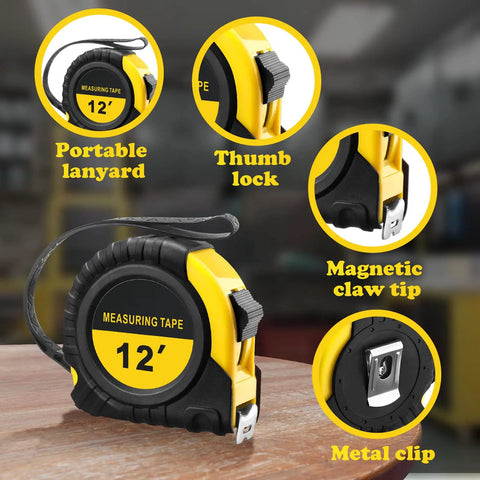 20 Pack 12 Ft Tape Measures Retractable With Fractions Easy Read Yellow Bulk Set For Contractors And Engineers Autowind With Lock Handy Tools with thumb lock, portable lanyard, magnetic claw tip, and metal clip features displayed.