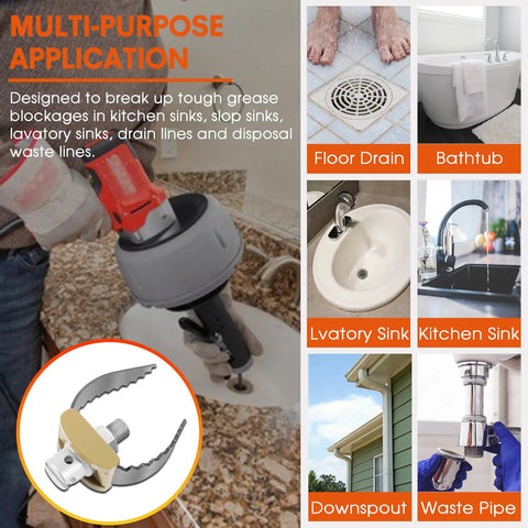 Upgraded 2 Inch C Cutter Drain Cleaner Auger shows usage in kitchen sink, floor drain, bathtub, and pipe cleaning applications.