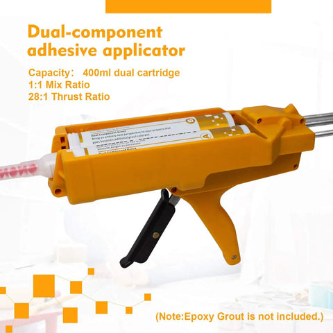 Dual Cartridge Caulking Gun Kit With 1:1 Epoxy Mixing For 400 ML Cartridges shown with orange trigger and label.