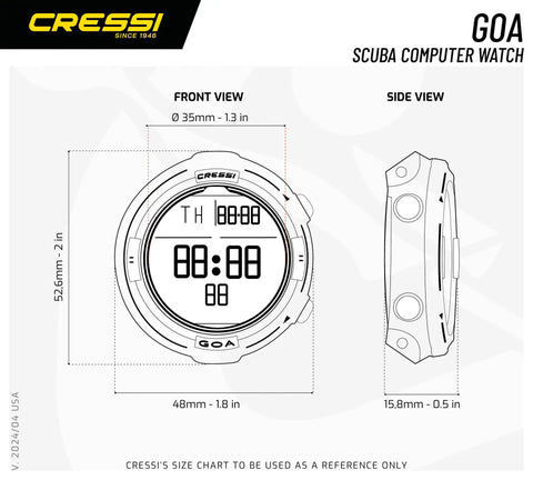 Front and side views of Goa Scuba Diving Computer Black Blue With Fast CPU And Long Lasting Battery Life Compact 1.8 Inch Case.