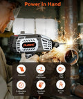 Man using a portable 110V arc welder with IGBT inverter on a metal pipe, sparks flying, showing handheld design and adjustable output.
