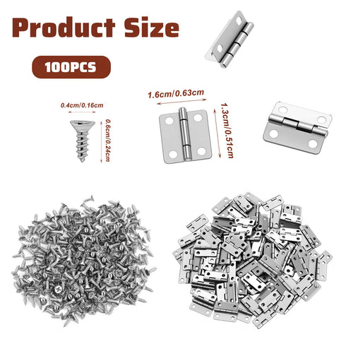 100 Pcs Tiny Dollhouse Hinges 0.7 x 0.51 Inches 180 Degree Miniature Metal Hinges With 400 Screws Silver Durable Iron Hardware