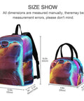 Neon Insulated Lunch Backpack With Built-In Cooler displaying bear print design with sunglasses, shown in comparison with smaller lunch bag.