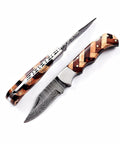Handmade Damascus Pocket Folding Knife With Olive Wood Handle for EDC and Camping, tough 150 layer Damascus blade in brown and olive
