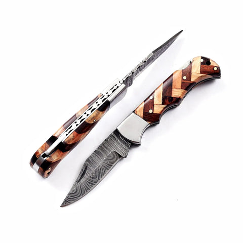 Handmade Damascus Pocket Folding Knife With Olive Wood Handle for EDC and Camping, tough 150 layer Damascus blade in brown and olive