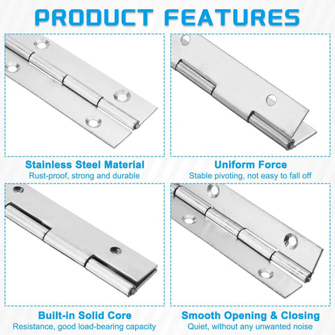 Straight Up Heavy Duty Stainless Steel Piano Hinge 48 Inch Long By 1 5 Inch Wide With Super Smooth Swinging Motion For Toolboxes Cabinets And Professional Repairs features close-up view of durable stainless steel material.