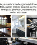 Clear Color Countertop Repair Kit For Granite Marble Quartz Porcelain Tile Ceramic Surfaces With Polisher in kitchen and bathroom settings.